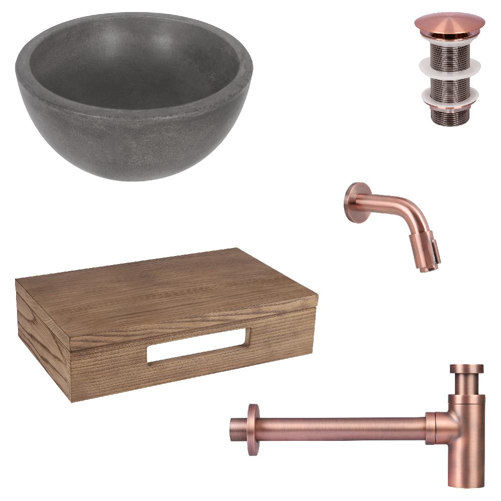 differnz Differnz Ruz fonteinset – waskom beton donkergrijs – muurkraan 11 cm rood koper – inclusief wastafelplank donker eiken