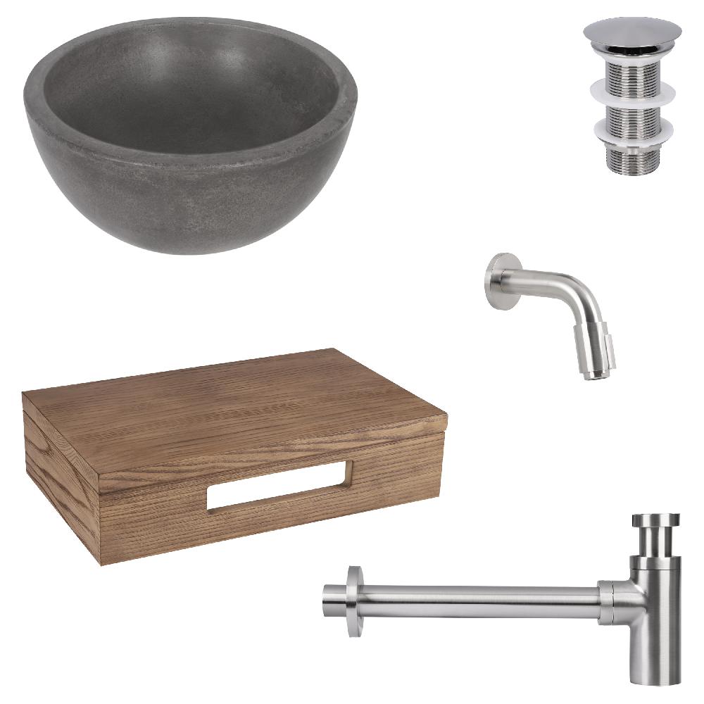 differnz Differnz Ruz fonteinset – waskom beton donkergrijs – muurkraan 11 cm mat chroom – inclusief wastafelplank donker eiken