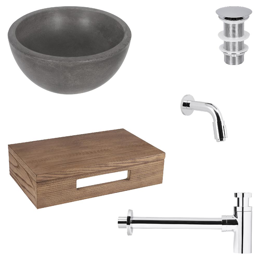 differnz Differnz Ruz fonteinset – waskom beton donkergrijs – muurkraan 11 cm chroom – inclusief wastafelplank donker eiken