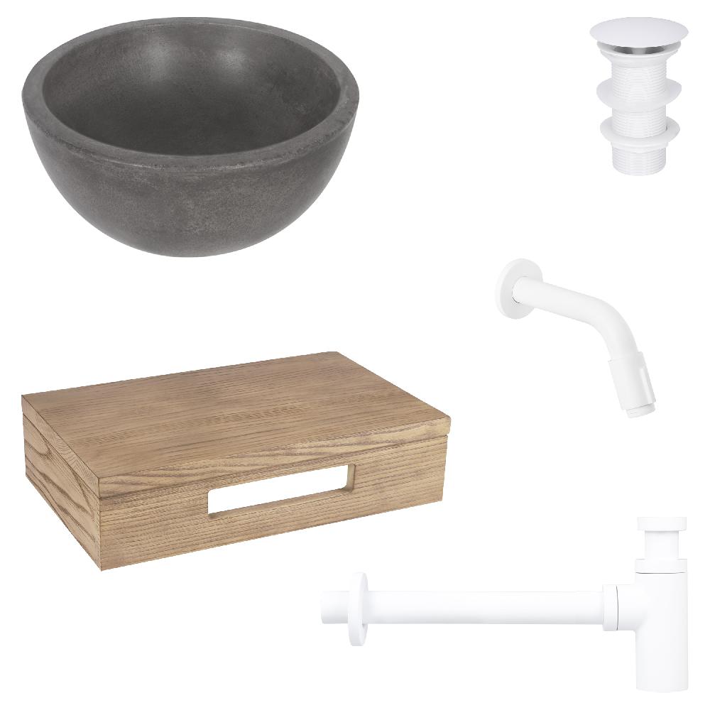 differnz Differnz Ruz fonteinset – waskom beton donkergrijs – muurkraan 15 cm mat wit – inclusief wastafelplank licht eiken