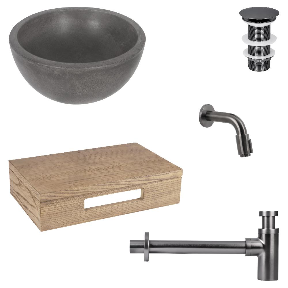 differnz Differnz Ruz fonteinset – waskom beton donkergrijs – muurkraan 11 cm gun metal – inclusief wastafelplank licht eiken