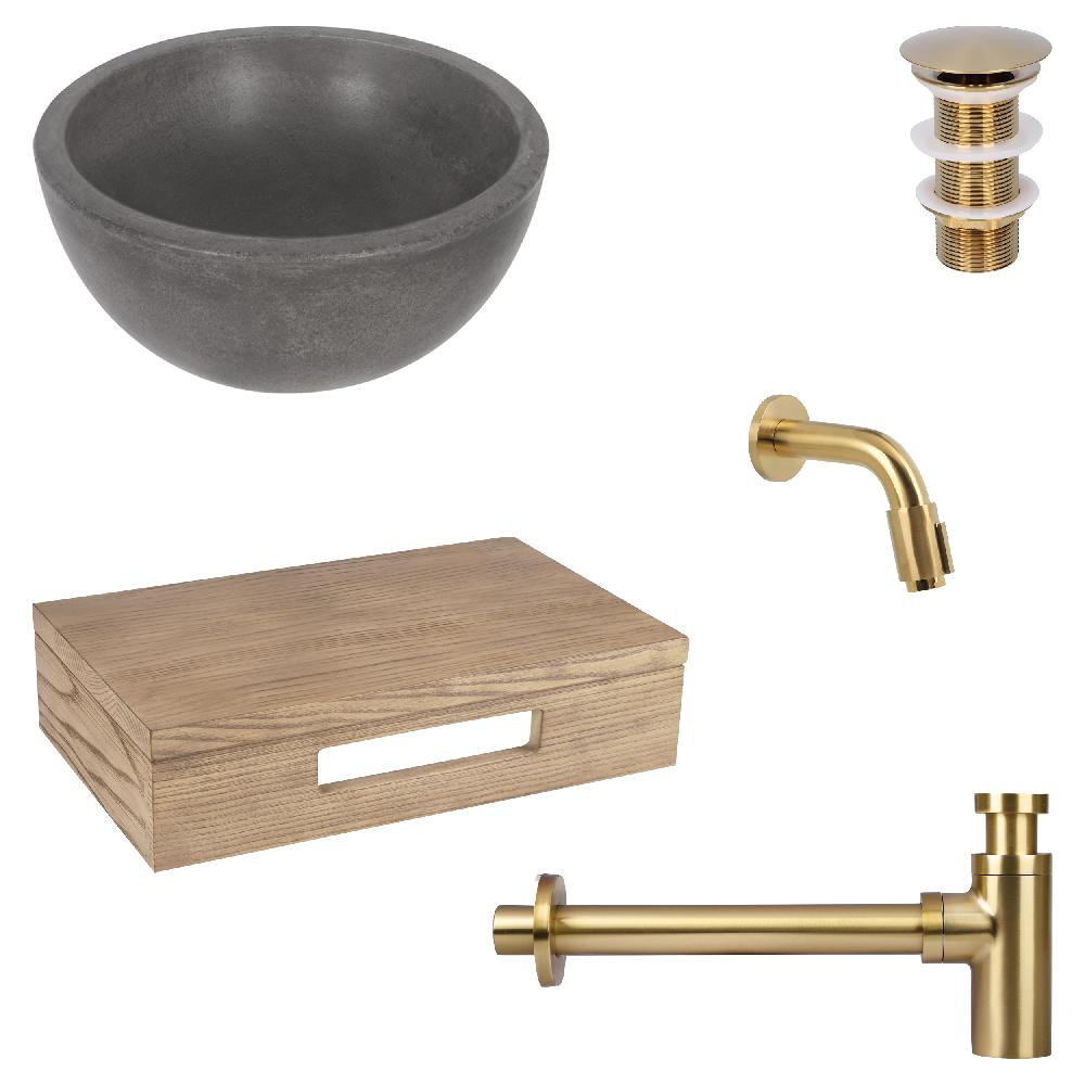 differnz Differnz Ruz fonteinset – waskom beton donkergrijs – muurkraan 11 cm mat goud – inclusief wastafelplank licht eiken