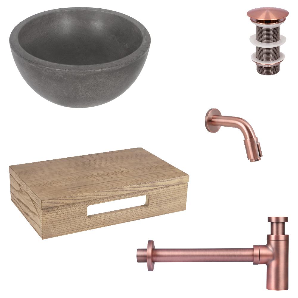 differnz Differnz Ruz fonteinset – waskom beton donkergrijs – muurkraan 11 cm rood koper – inclusief wastafelplank licht eiken