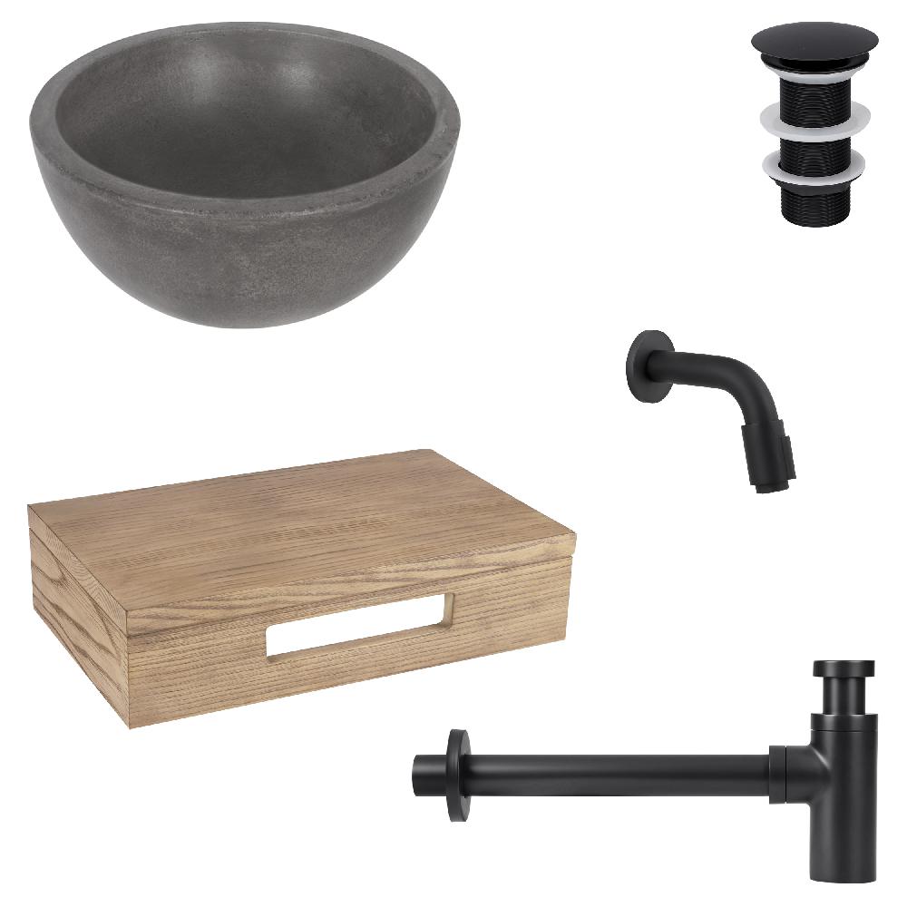 differnz Differnz Ruz fonteinset – waskom beton donkergrijs – muurkraan 11 cm mat zwart – inclusief wastafelplank licht eiken