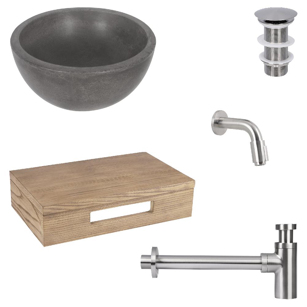 differnz Differnz Ruz fonteinset – waskom beton donkergrijs – muurkraan 11 cm mat chroom – inclusief wastafelplank licht eiken