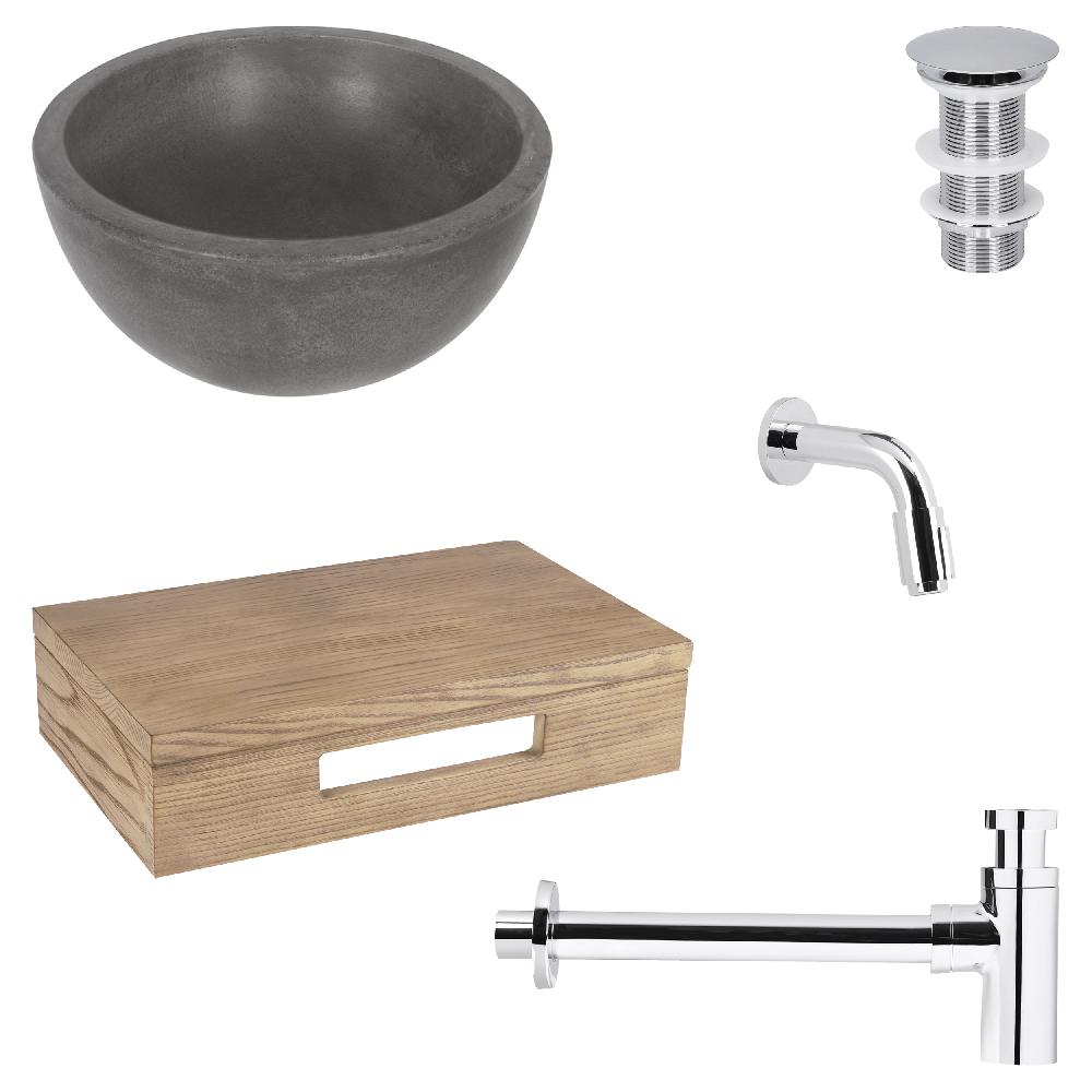 differnz Differnz Ruz fonteinset – waskom beton donkergrijs – muurkraan 11 cm chroom – inclusief wastafelplank licht eiken