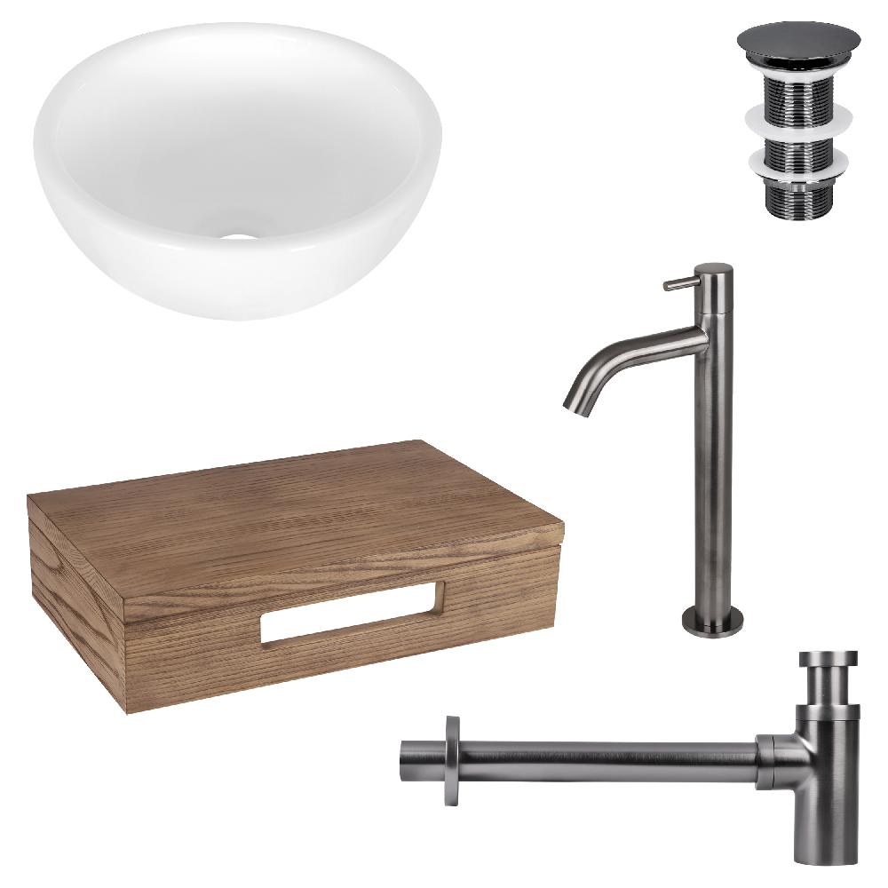 differnz Differnz Ruz fonteinset – waskom keramiek wit – koudwaterkaan hoog gun metal – inclusief wastafelplank donker eiken