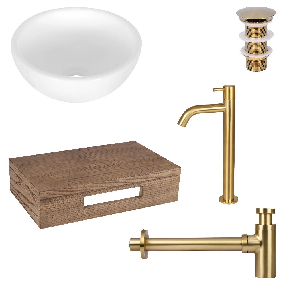 differnz Differnz Ruz fonteinset – waskom keramiek wit – koudwaterkaan hoog mat goud – inclusief wastafelplank donker eiken