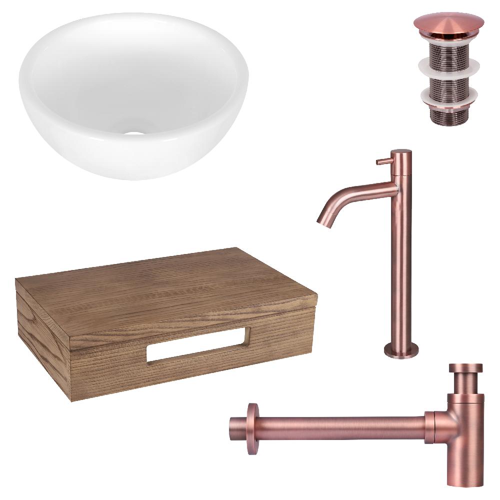 differnz Differnz Ruz fonteinset – waskom keramiek wit – koudwaterkaan hoog rood koper – inclusief wastafelplank donker eiken