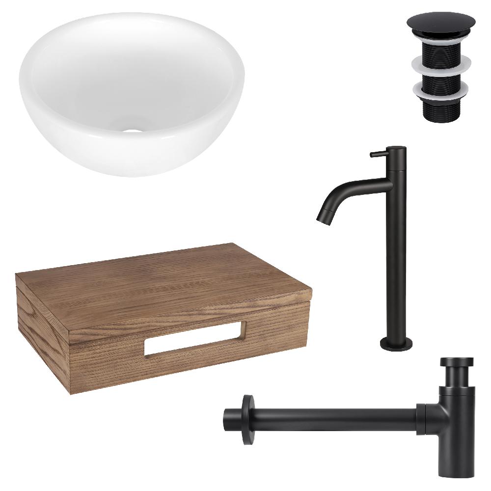 differnz Differnz Ruz fonteinset – waskom keramiek wit – koudwaterkaan hoog mat zwart – inclusief wastafelplank donker eiken