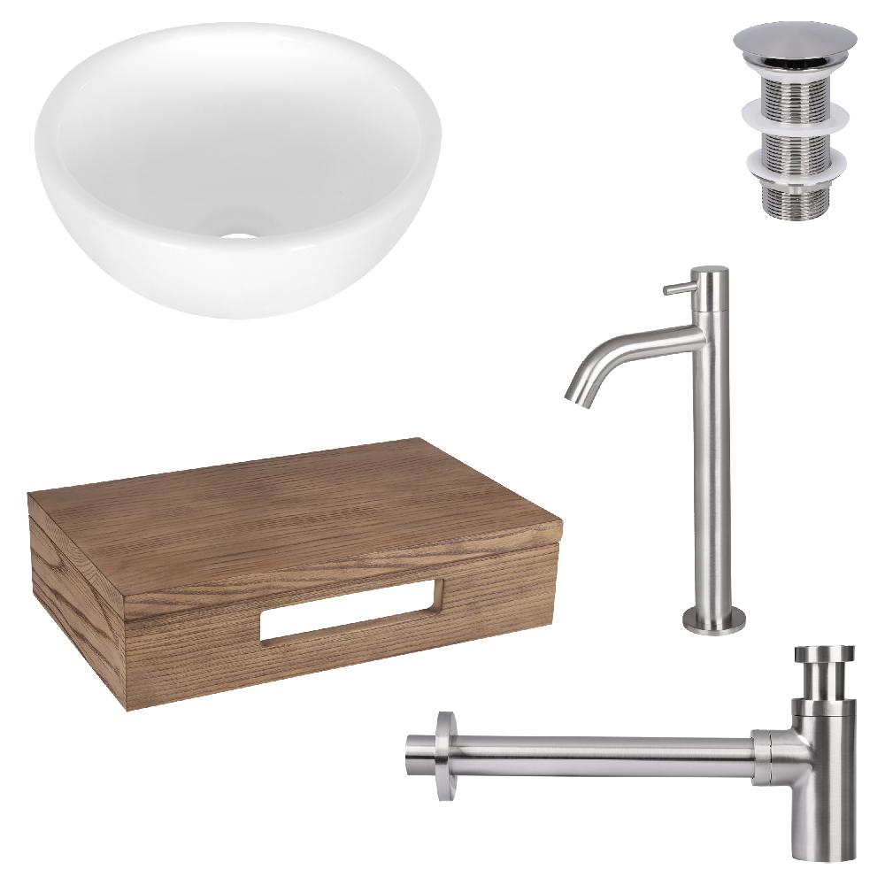 differnz Differnz Ruz fonteinset – waskom keramiek wit – koudwaterkaan hoog mat chroom – inclusief wastafelplank donker eiken