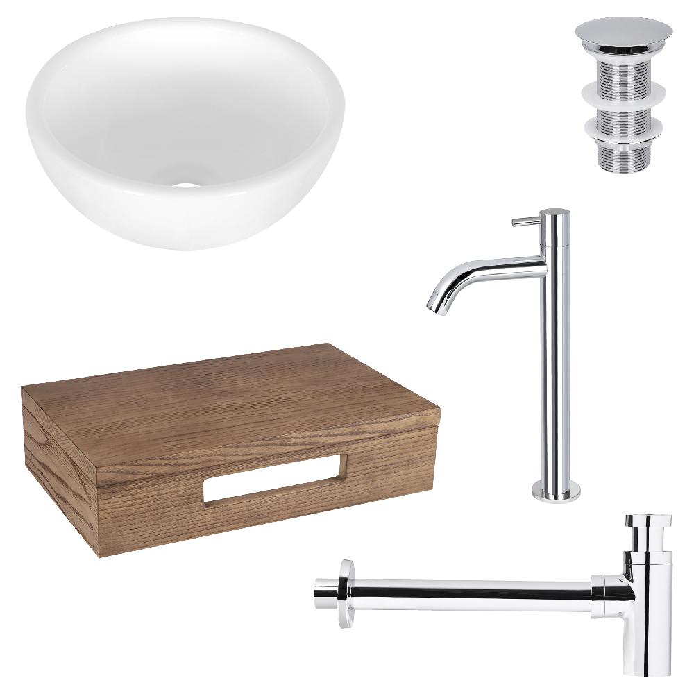 differnz Differnz Ruz fonteinset – waskom keramiek wit – koudwaterkaan hoog chroom – inclusief wastafelplank donker eiken