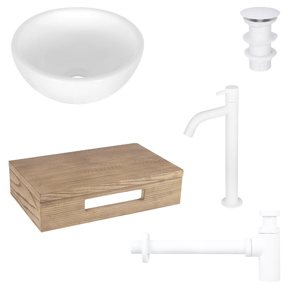 differnz Differnz Ruz fonteinset – waskom keramiek wit – koudwaterkraan hoog mat wit – inclusief wastafelplank licht eiken