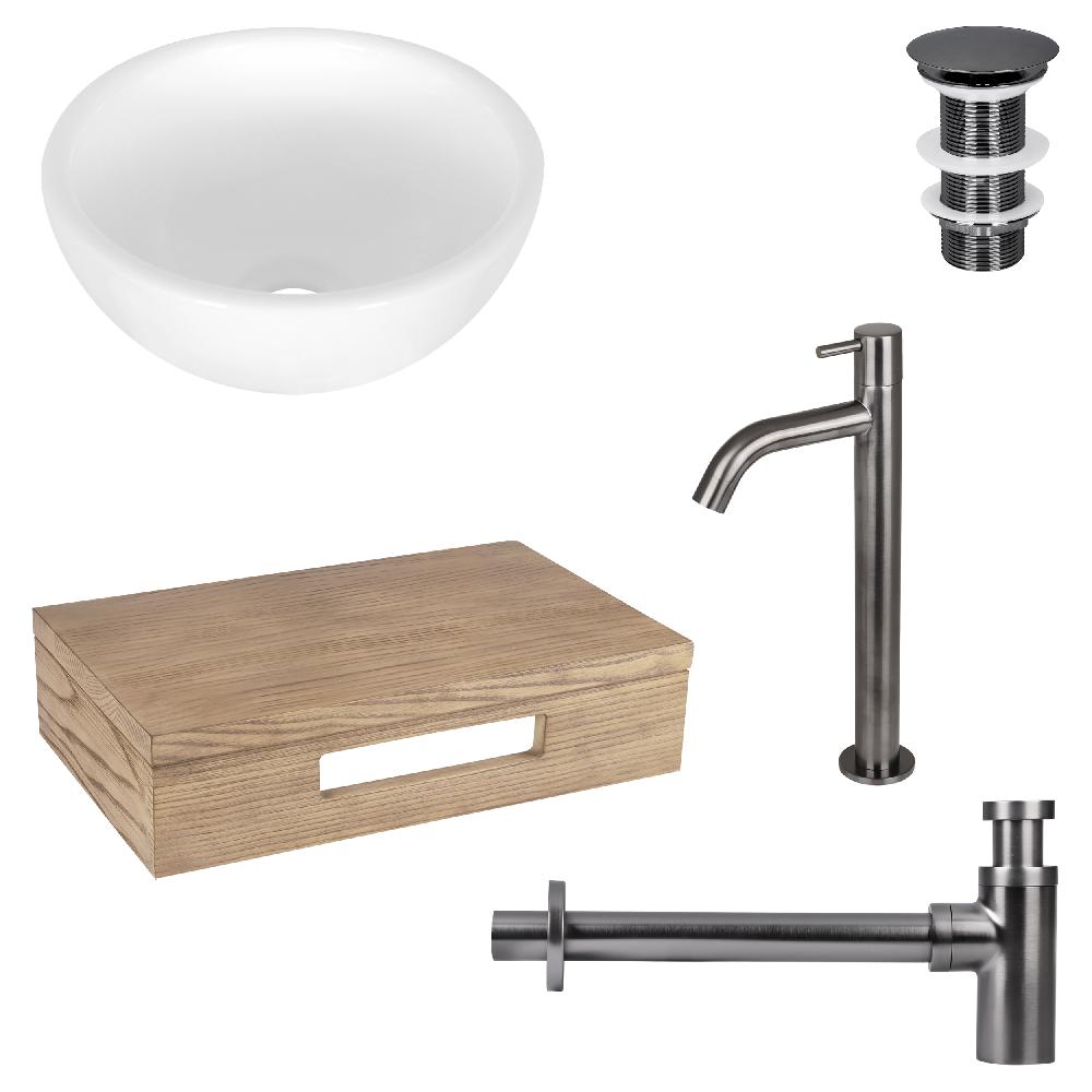 differnz Differnz Ruz fonteinset – waskom keramiek wit – koudwaterkraan hoog gun metal – inclusief wastafelplank licht eiken