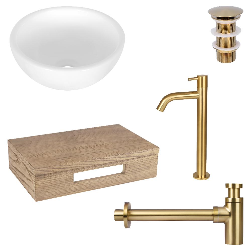 differnz Differnz Ruz fonteinset – waskom keramiek wit – koudwaterkraan hoog mat goud – inclusief wastafelplank licht eiken