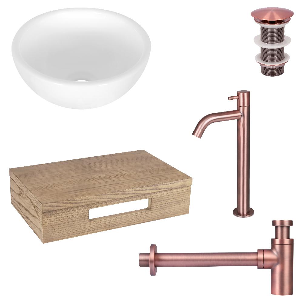differnz Differnz Ruz fonteinset – waskom keramiek wit – koudwaterkraan hoog rood koper – inclusief wastafelplank licht eiken
