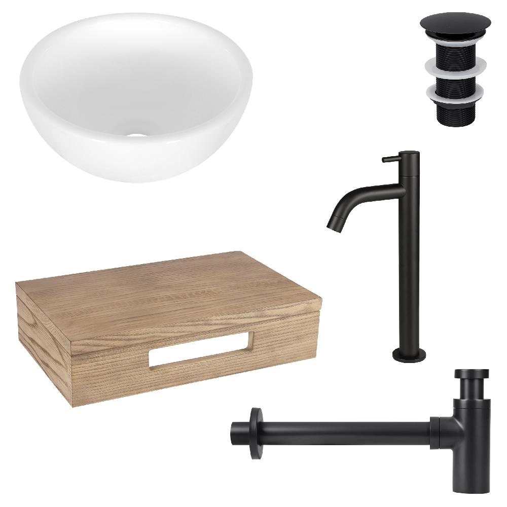 differnz Differnz Ruz fonteinset – waskom keramiek wit – koudwaterkraan hoog mat zwart – inclusief wastafelplank licht eiken