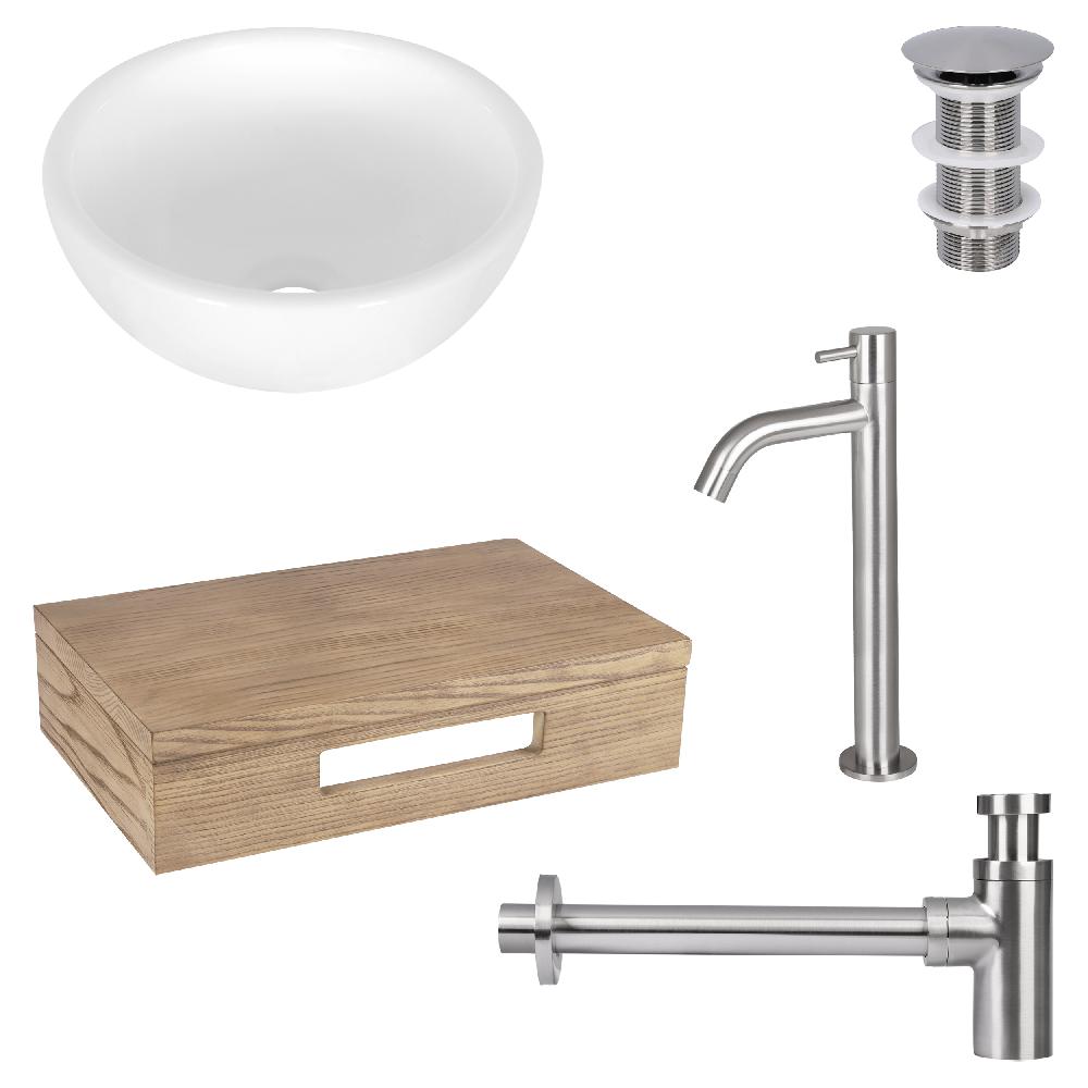 differnz Differnz Ruz fonteinset – waskom keramiek wit – koudwaterkraan hoog mat chroom – inclusief wastafelplank licht eiken