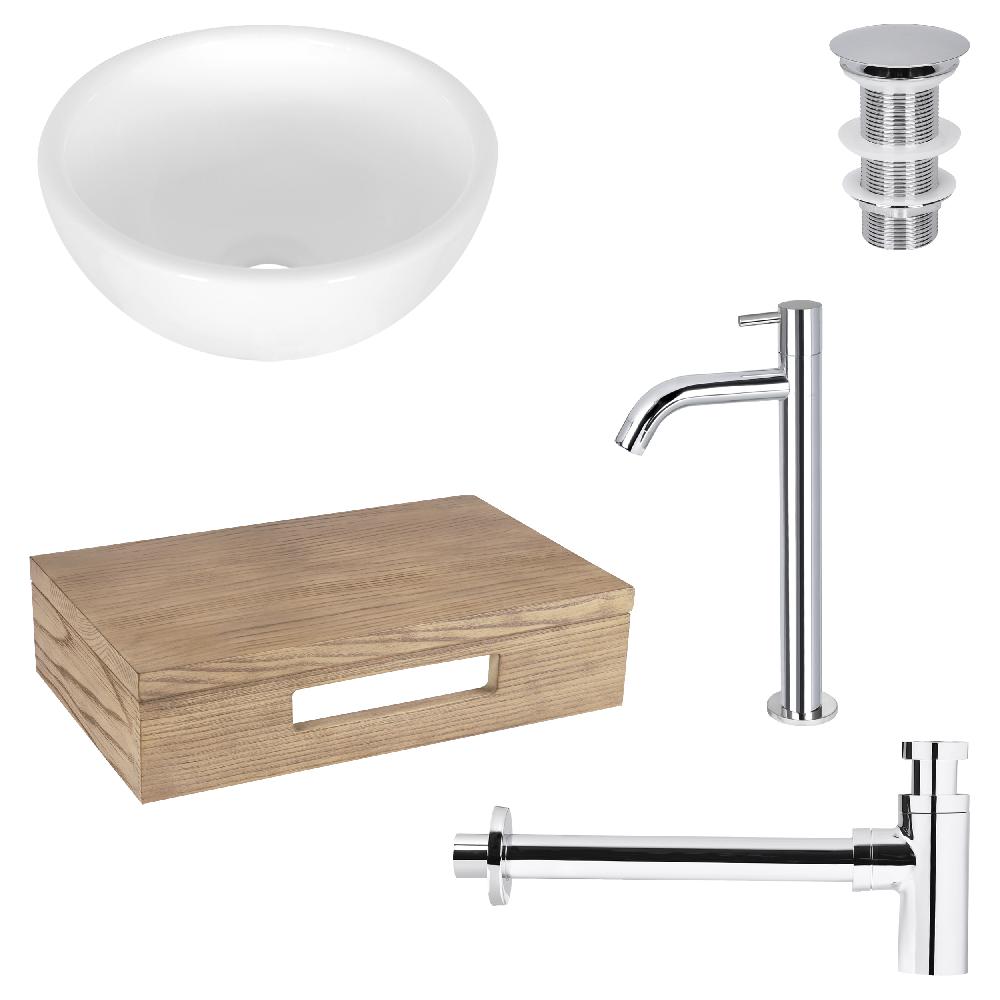 differnz Differnz Ruz fonteinset – waskom keramiek wit – koudwaterkraan hoog chroom – inclusief wastafelplank licht eiken