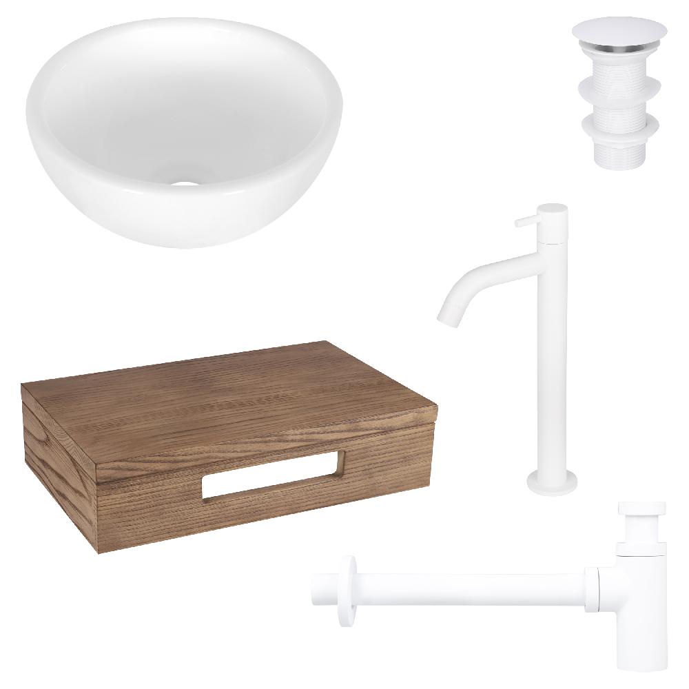 differnz Differnz Ruz fonteinset – waskom keramiek wit – koudwaterkaan hoog mat wit – inclusief wastafelplank donker eiken