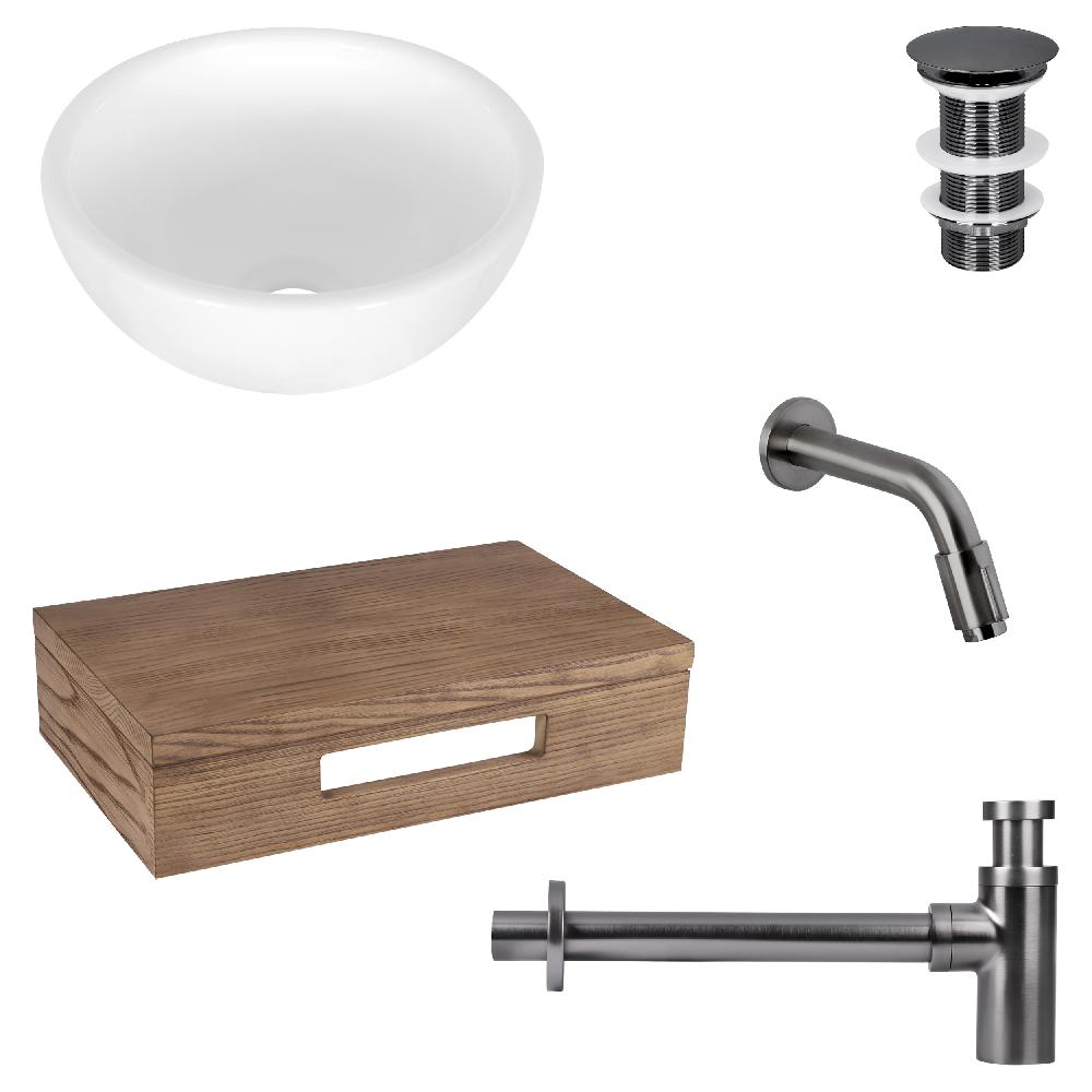 differnz Differnz Ruz fonteinset – waskom keramiek wit – muurkraan 15 cm gun metal – inclusief wastafelplank donker eiken