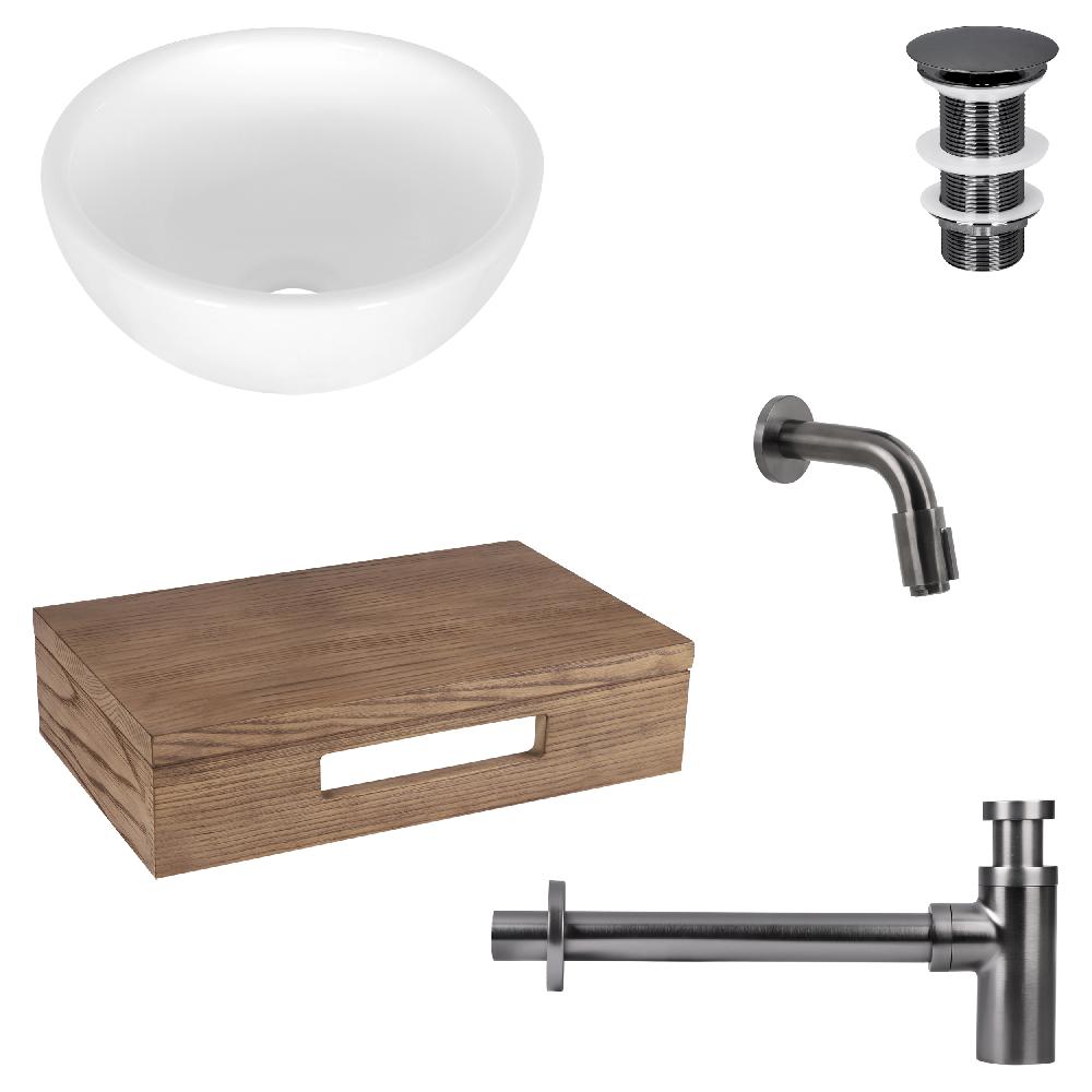 differnz Differnz Ruz fonteinset – waskom keramiek wit – muurkraan 11 cm gun metal – inclusief wastafelplank donker eiken