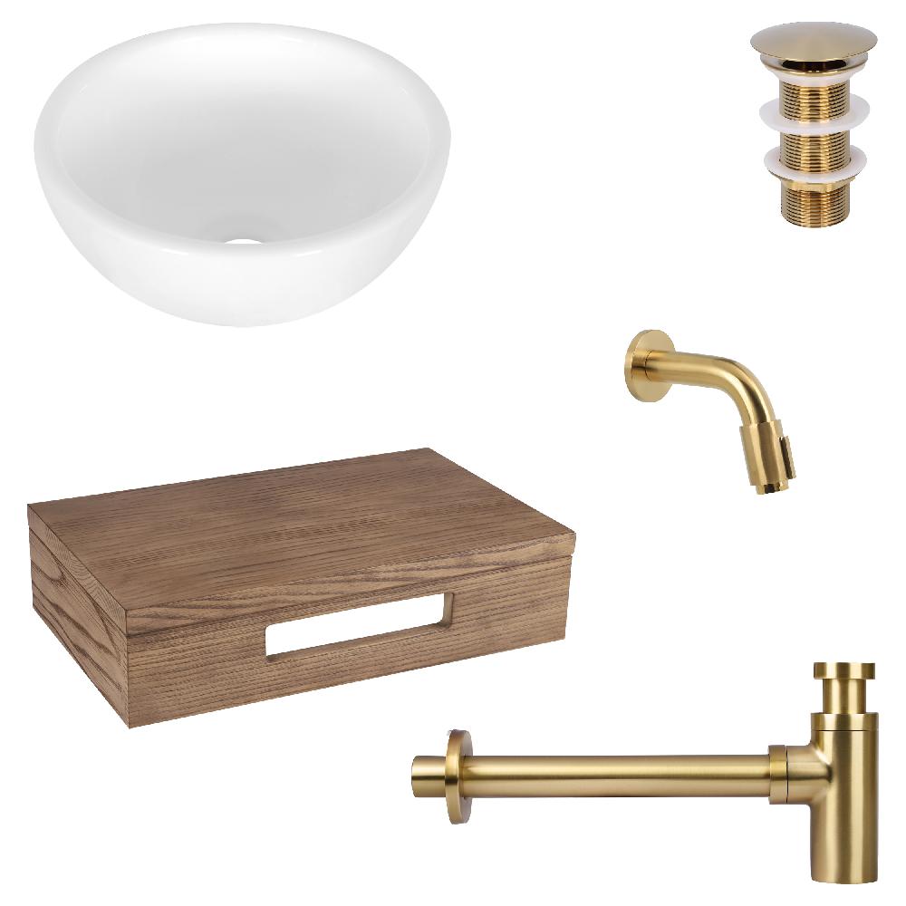 differnz Differnz Ruz fonteinset – waskom keramiek wit – muurkraan 11 cm mat goud – inclusief wastafelplank donker eiken