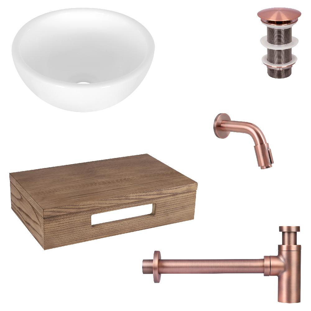 differnz Differnz Ruz fonteinset – waskom keramiek wit – muurkraan 11 cm rood koper – inclusief wastafelplank donker eiken