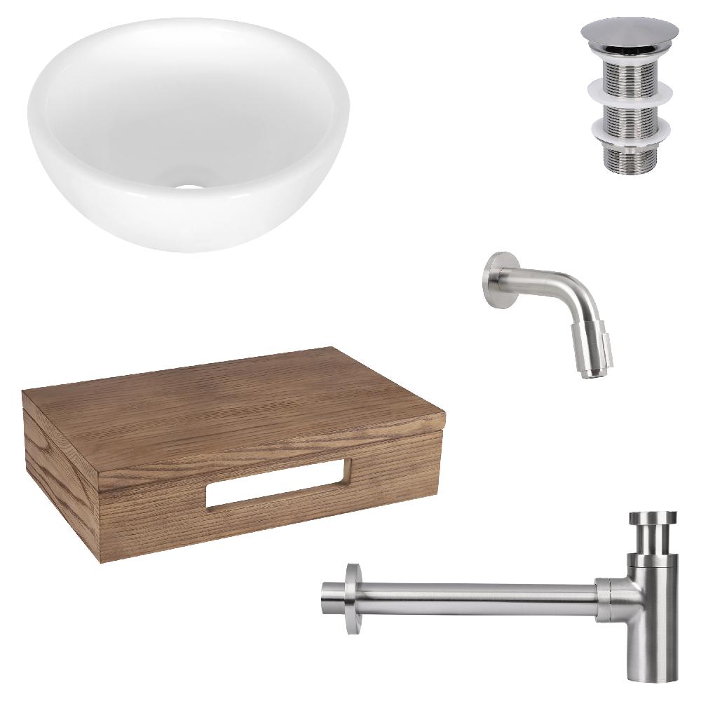 differnz Differnz Ruz fonteinset – waskom keramiek wit – muurkraan 11 cm mat chroom – inclusief wastafelplank donker eiken