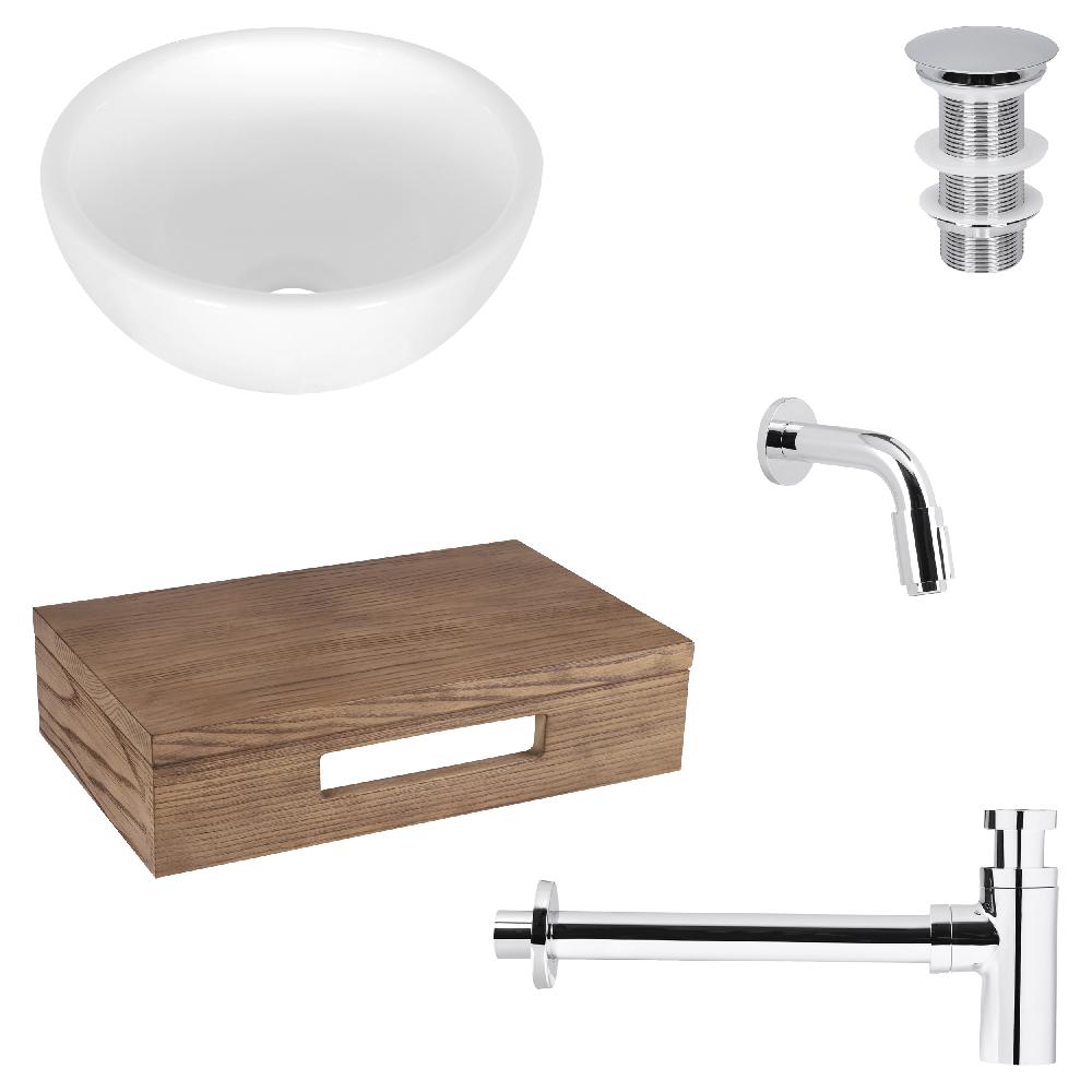 differnz Differnz Ruz fonteinset – waskom keramiek wit – muurkraan 11 cm chroom – inclusief wastafelplank donker eiken