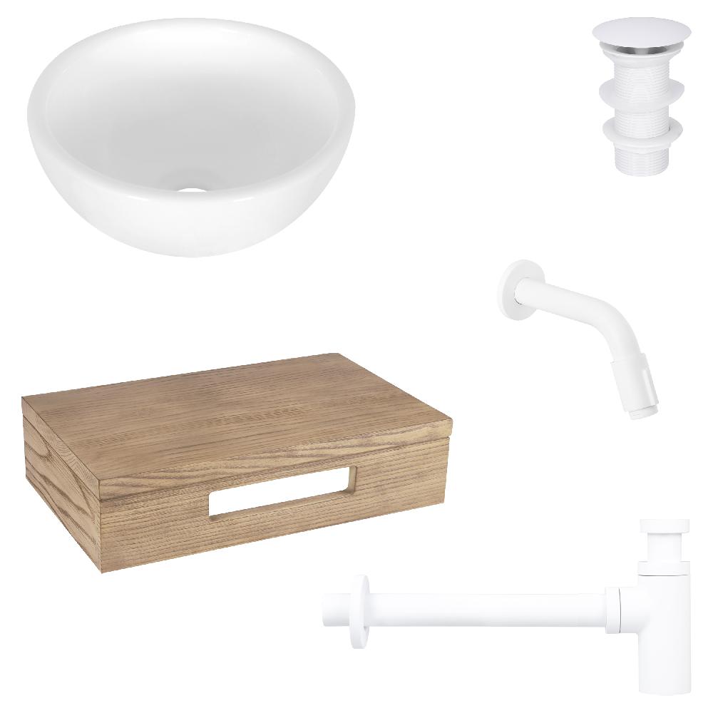 differnz Differnz Ruz fonteinset – waskom keramiek wit – muurkraan 15 cm mat wit – inclusief wastafelplank licht eiken