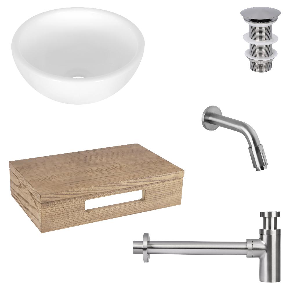 differnz Differnz Ruz fonteinset – waskom keramiek wit – muurkraan 15 cm mat chroom – inclusief wastafelplank licht eiken
