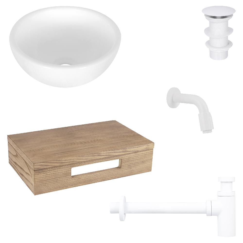 differnz Differnz Ruz fonteinset – waskom keramiek wit – muurkraan 11 cm mat wit – inclusief wastafelplank licht eiken