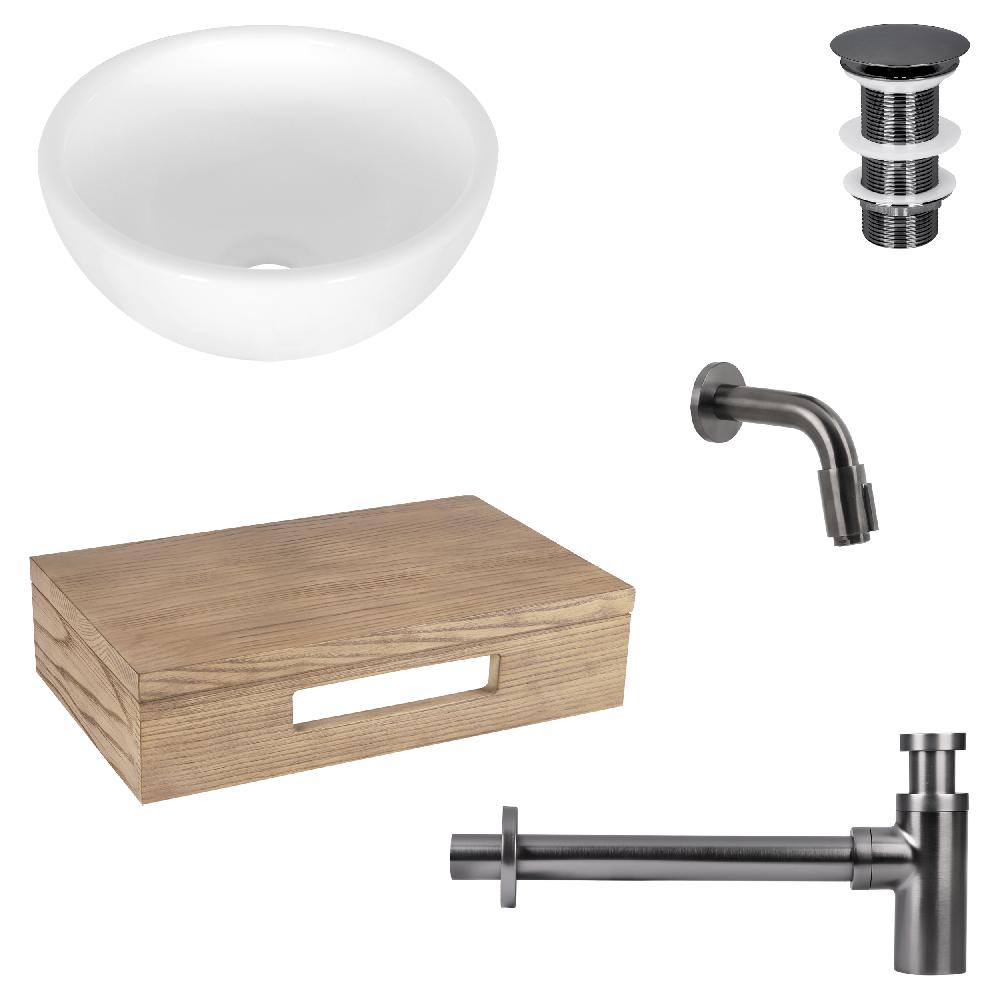 differnz Differnz Ruz fonteinset – waskom keramiek wit – muurkraan 11 cm gun metal – inclusief wastafelplank licht eiken