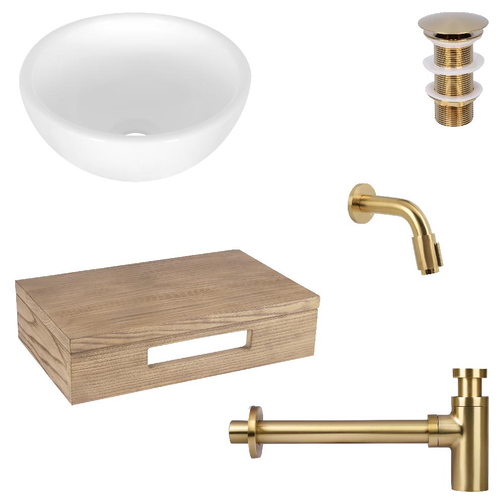 differnz Differnz Ruz fonteinset – waskom keramiek wit – muurkraan 11 cm mat goud – inclusief wastafelplank licht eiken