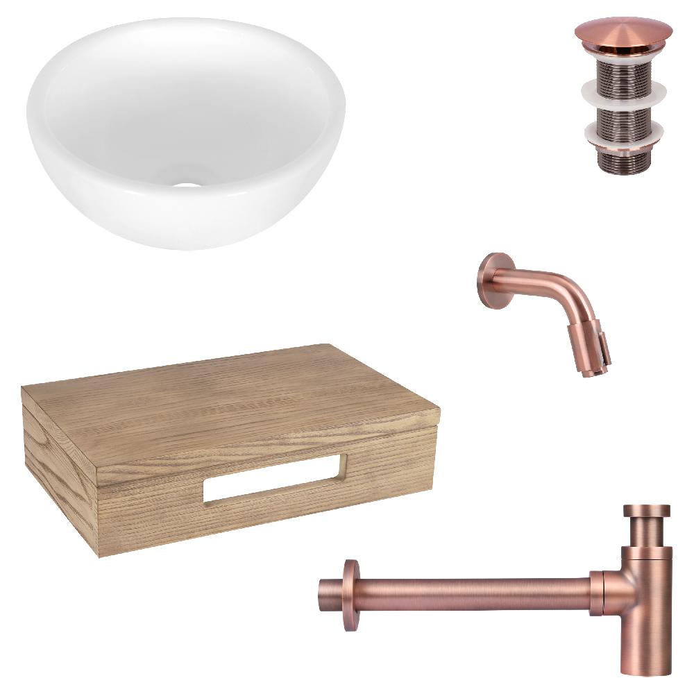 differnz Differnz Ruz fonteinset – waskom keramiek wit – muurkraan 11 cm rood koper – inclusief wastafelplank licht eiken