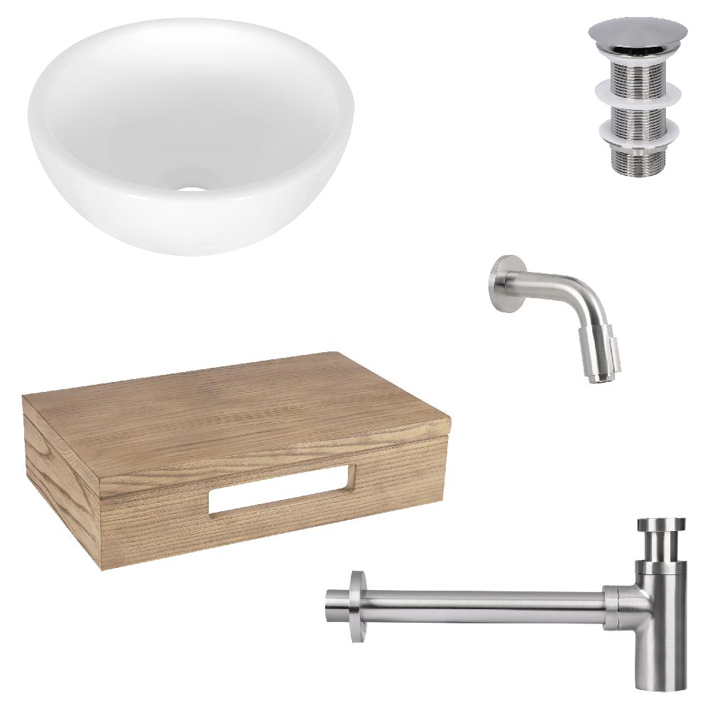 differnz Differnz Ruz fonteinset – waskom keramiek wit – muurkraan 11 cm mat chroom – inclusief wastafelplank licht eiken