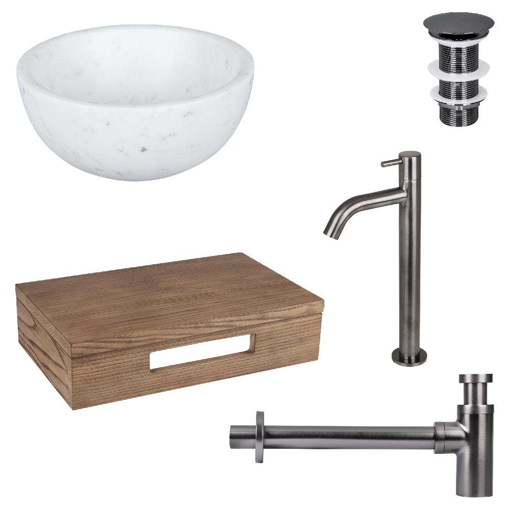 differnz Differnz Ruz fonteinset – waskom marmer – koudwaterkaan hoog gun metal – inclusief wastafelplank donker eiken