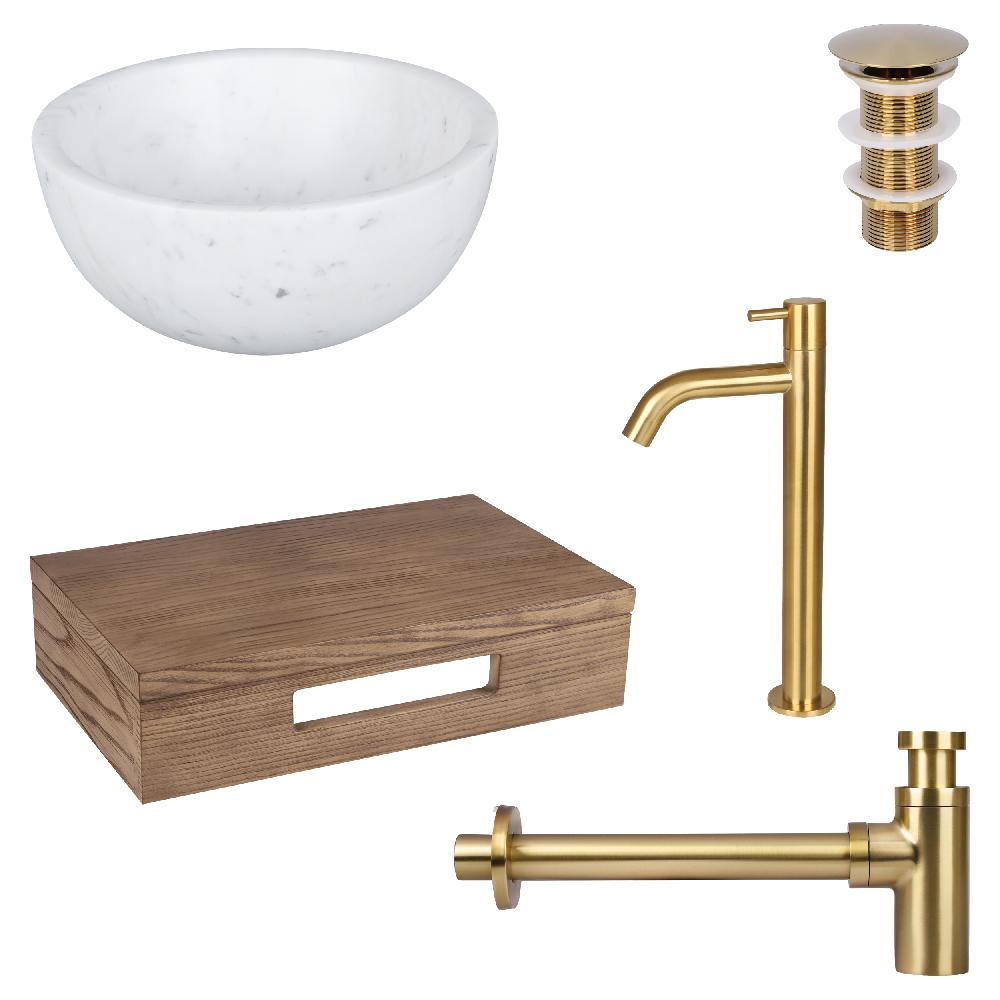 differnz Differnz Ruz fonteinset – waskom marmer – koudwaterkaan hoog mat goud – inclusief wastafelplank donker eiken