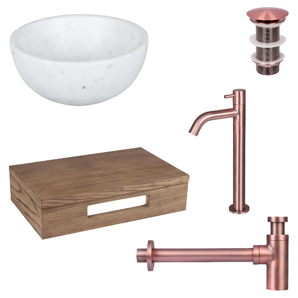 differnz Differnz Ruz fonteinset – waskom marmer – koudwaterkaan hoog rood koper – inclusief wastafelplank donker eiken
