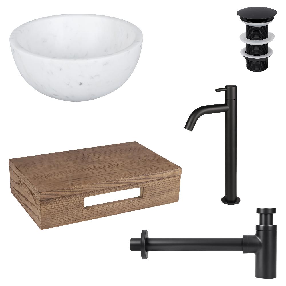 differnz Differnz Ruz fonteinset – waskom marmer – koudwaterkaan hoog mat zwart – inclusief wastafelplank donker eiken