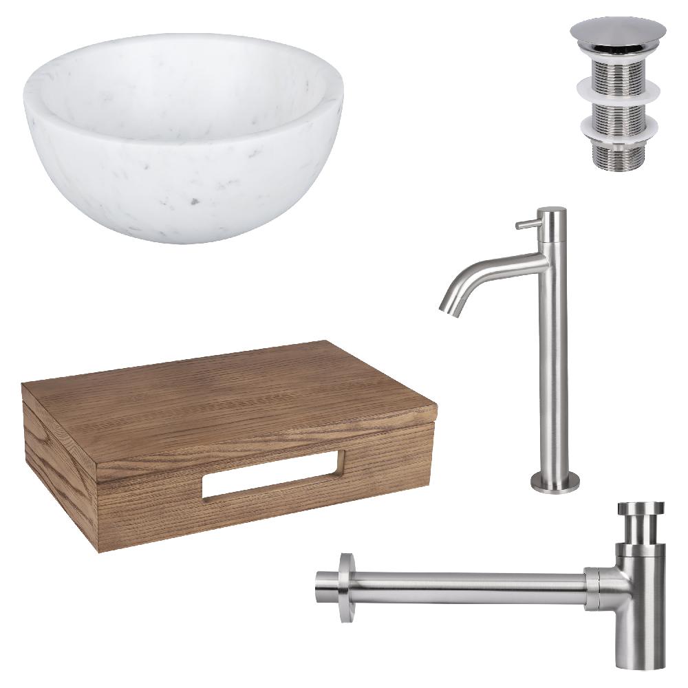 differnz Differnz Ruz fonteinset – waskom marmer – koudwaterkaan hoog mat chroom – inclusief wastafelplank donker eiken