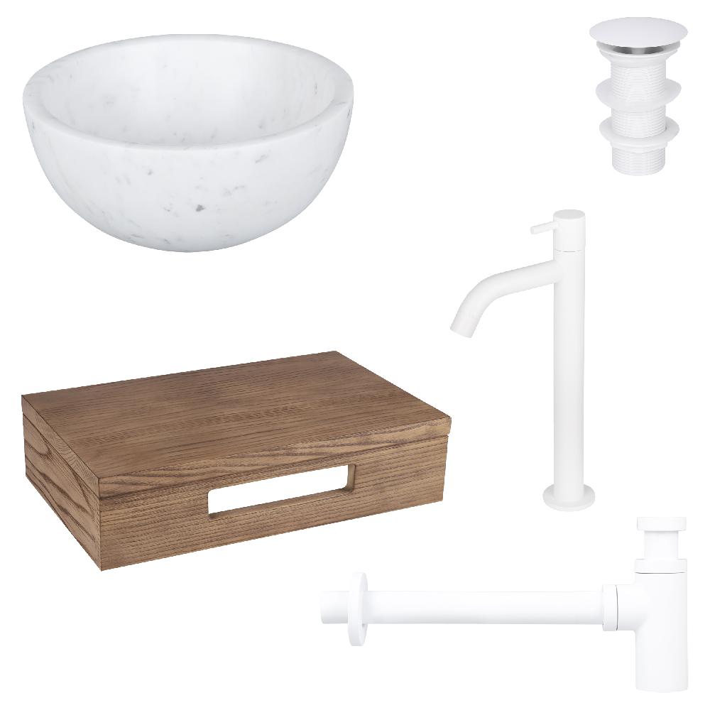 differnz Differnz Ruz fonteinset – waskom marmer – koudwaterkaan hoog mat wit – inclusief wastafelplank donker eiken