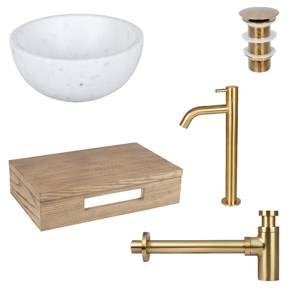 differnz Differnz Ruz fonteinset – waskom marmer – koudwaterkraan hoog mat goud – inclusief wastafelplank licht eiken