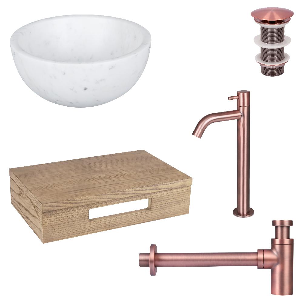 differnz Differnz Ruz fonteinset – waskom marmer – koudwaterkraan hoog rood koper – inclusief wastafelplank licht eiken