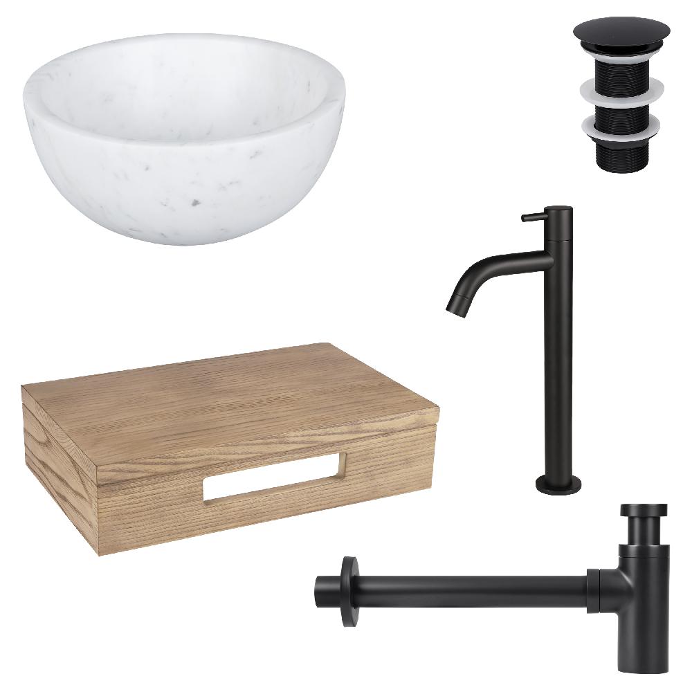 differnz Differnz Ruz fonteinset – waskom marmer – koudwaterkraan hoog mat zwart – inclusief wastafelplank licht eiken