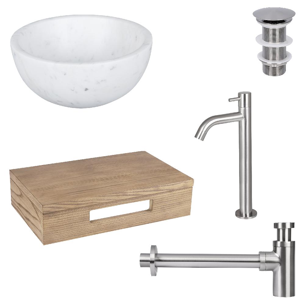 differnz Differnz Ruz fonteinset – waskom marmer – koudwaterkraan hoog mat chroom – inclusief wastafelplank licht eiken