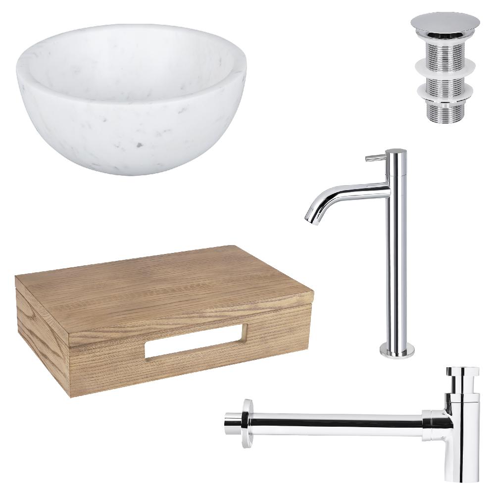 differnz Differnz Ruz fonteinset – waskom marmer – koudwaterkraan hoog chroom – inclusief wastafelplank licht eiken