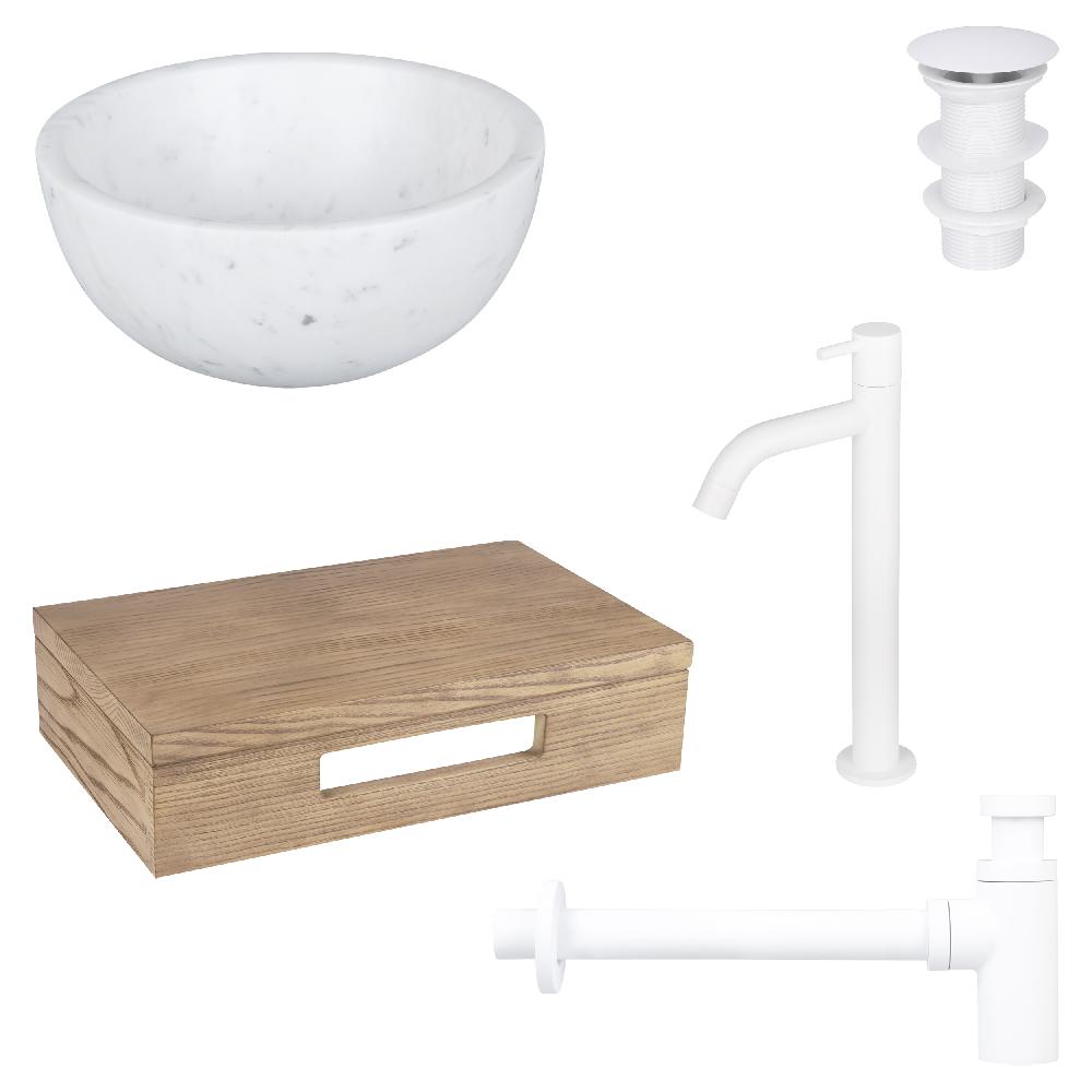 differnz Differnz Ruz fonteinset – waskom marmer – koudwaterkraan hoog mat wit – inclusief wastafelplank licht eiken