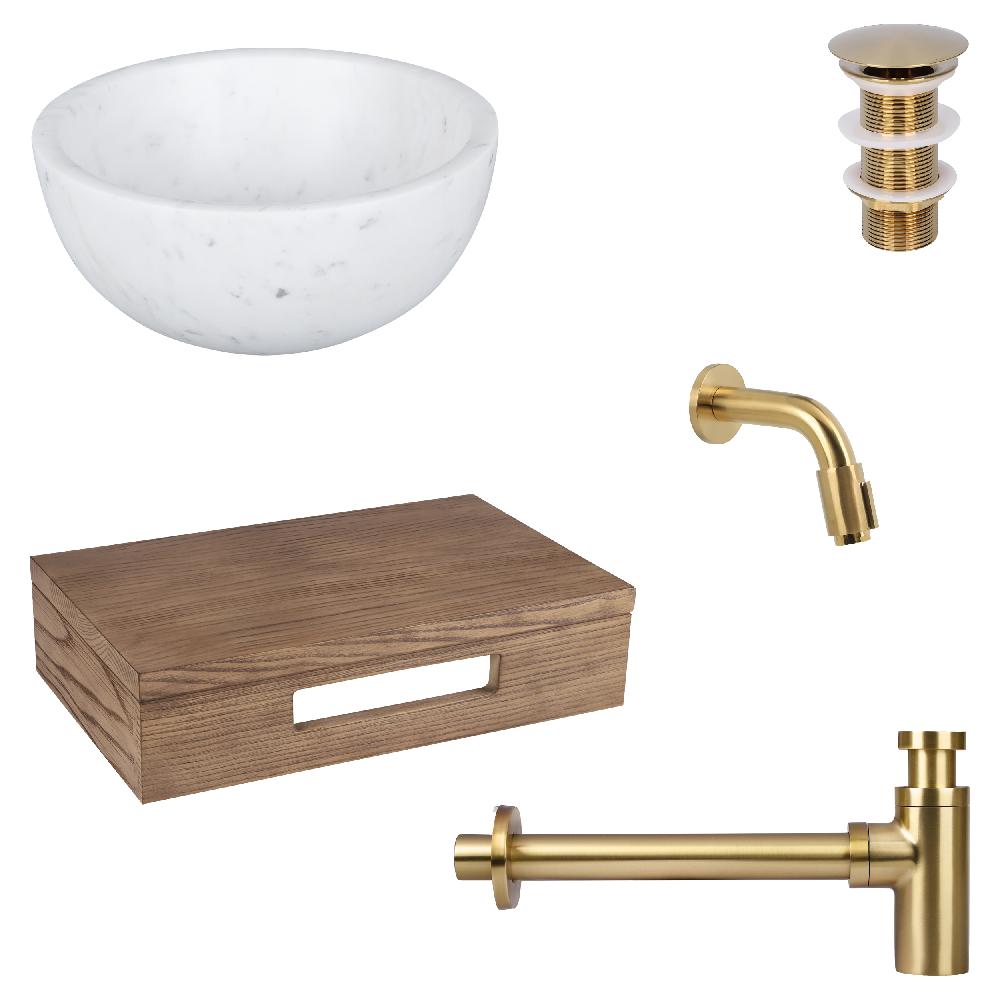 differnz Differnz Ruz fonteinset – waskom marmer – muurkraan 11 cm mat goud – inclusief wastafelplank donker eiken